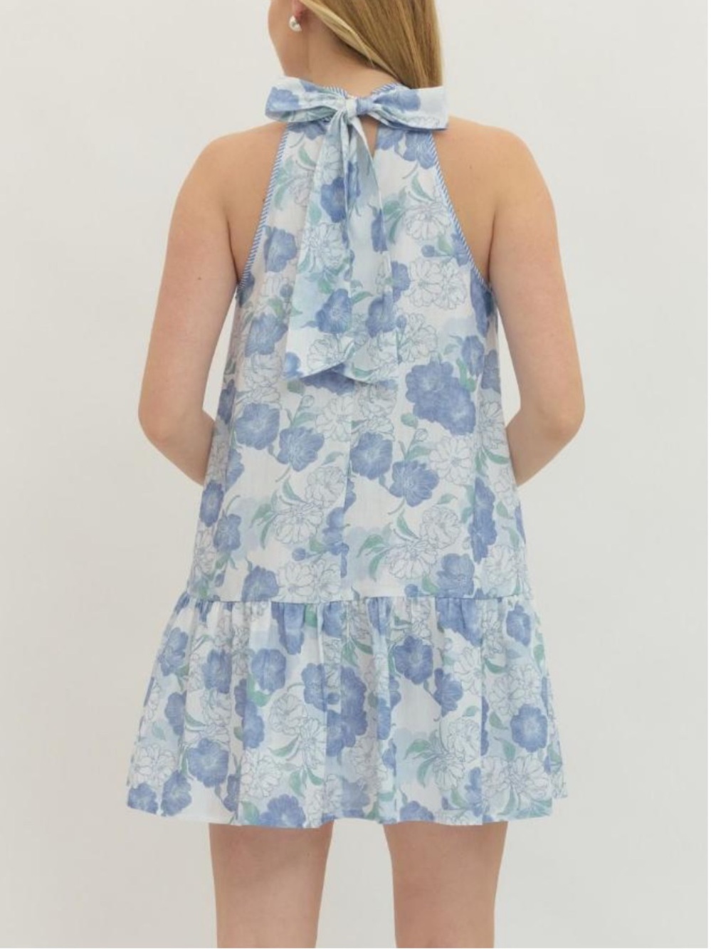 New Blue Botanical Floral Halter Mock Neck Bow back Dress